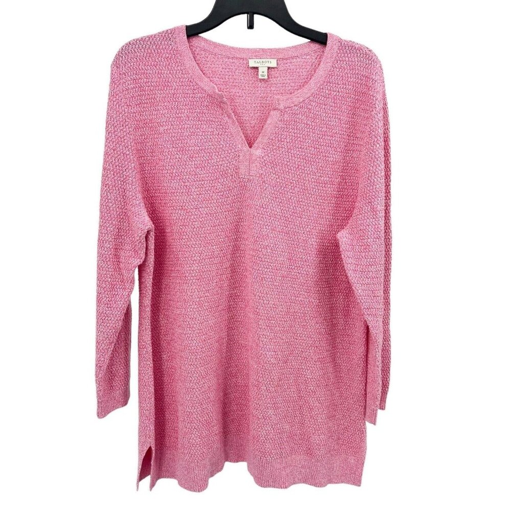 Talbots Sweater M‎ Open Knit 100% Cotton Pink V-Neck Long Sleeve Size Medium